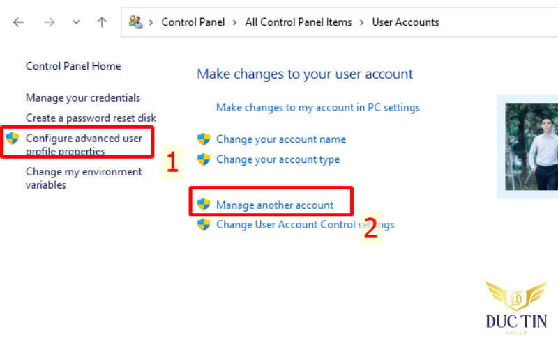 Chọn tùy chọn Quản lý tài khoản khác - Manage another account